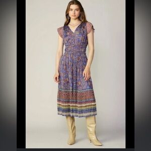Current Air Pleated Floral Midi Dress Purple Combo Sz M